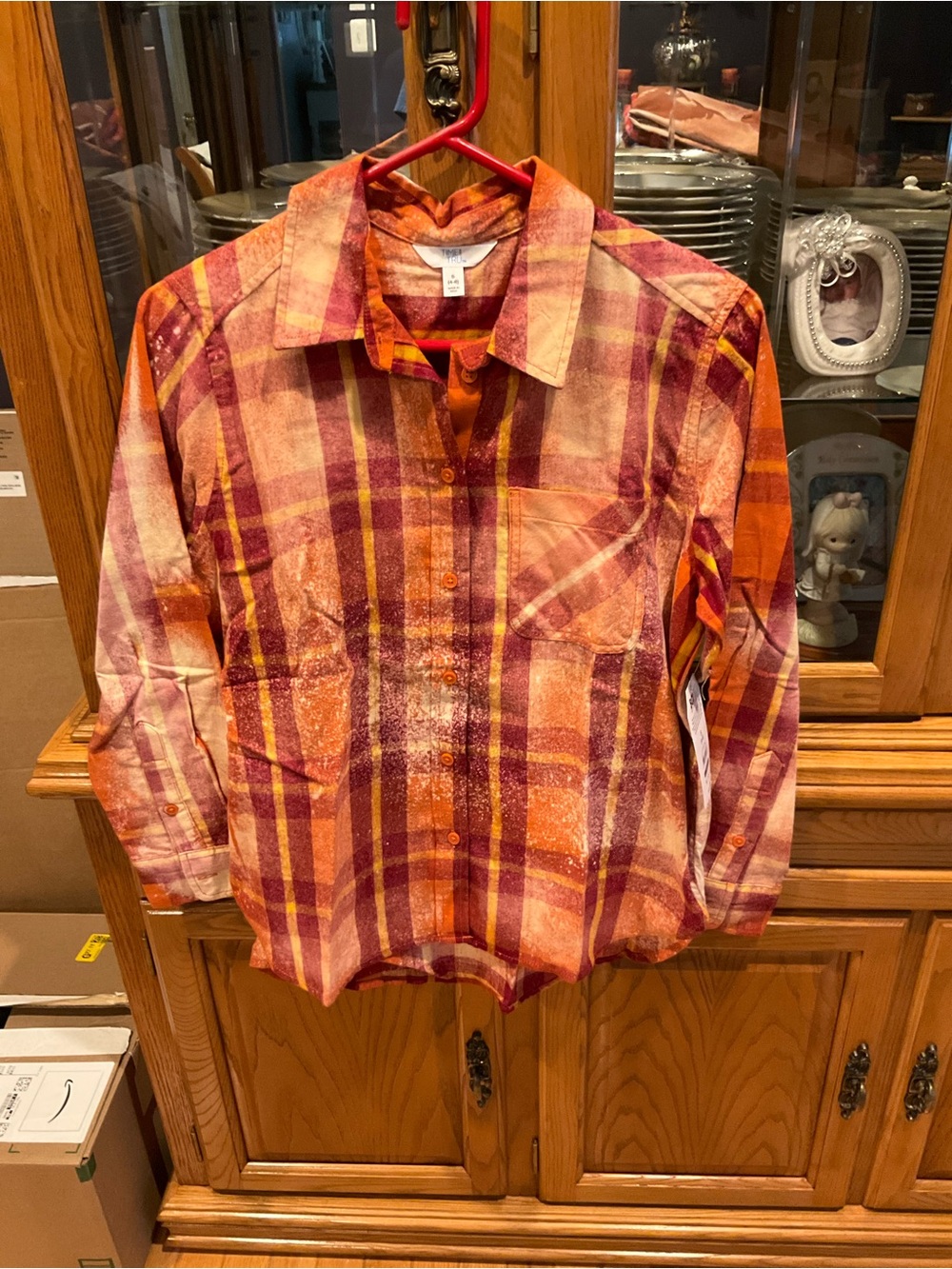 Time and Tru Women's Plaid Button-Down Shirt in Orange and Burgundy